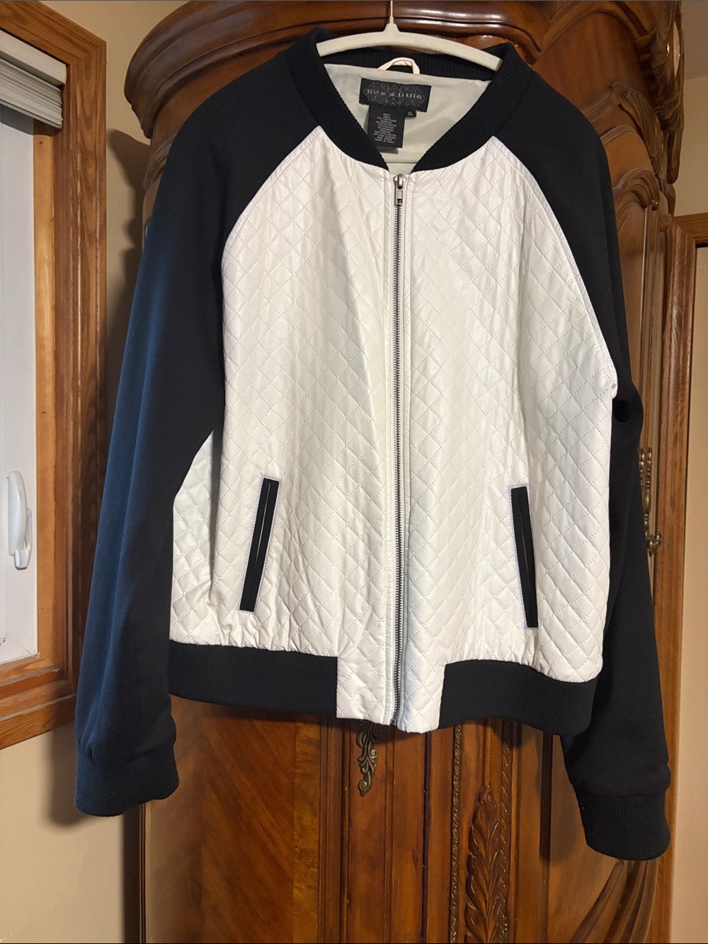 Live a Little White Quilted Bomber with Black Sleeves